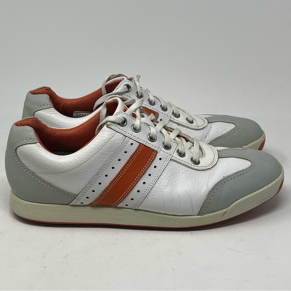 Footjoy Contour Casual Golf Shoes Mens 9.5 White Orange Leather Spikeless 54303 - Picture 1 of 16